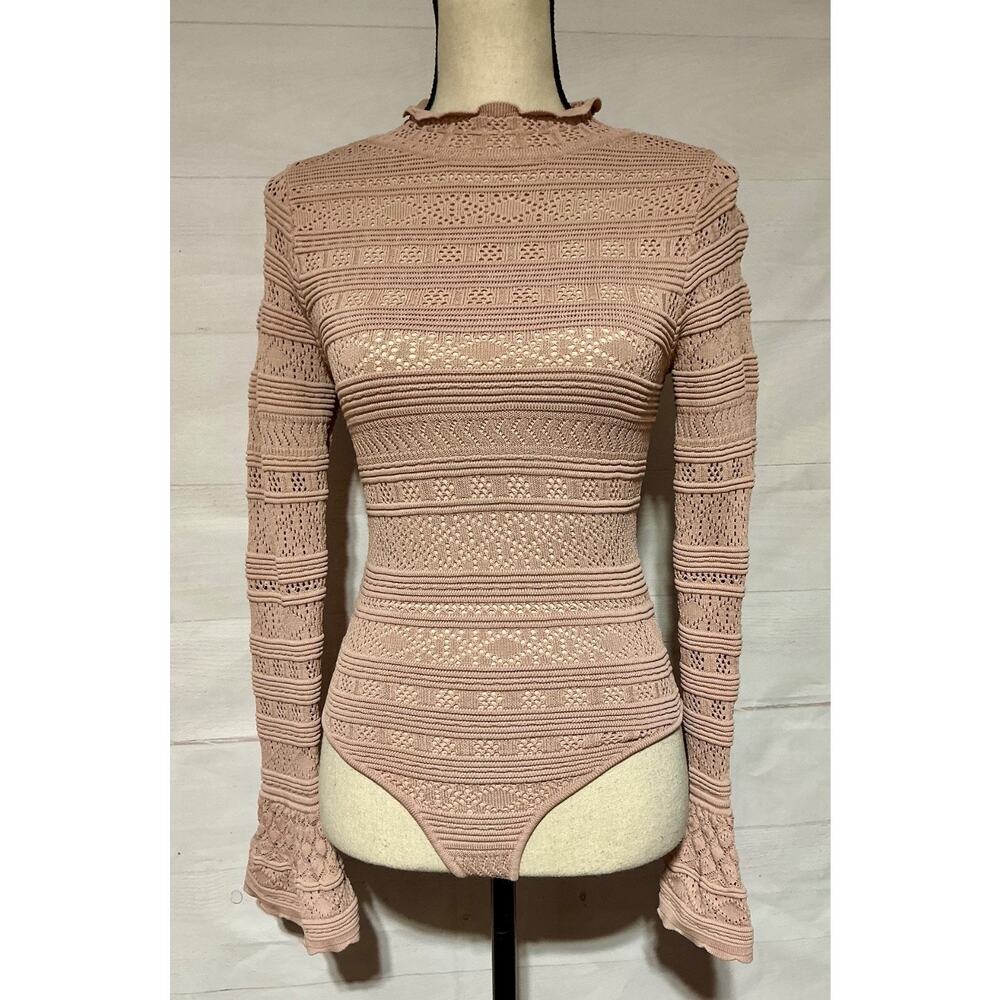 OLIVACEOUS sz S blush nude stretch bell sleeve bodysuit tie collar